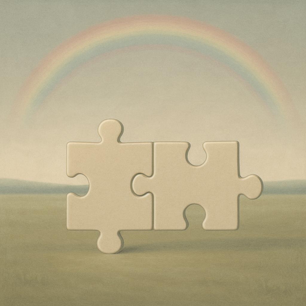 A piece of a puzzle in front of a rainbow.