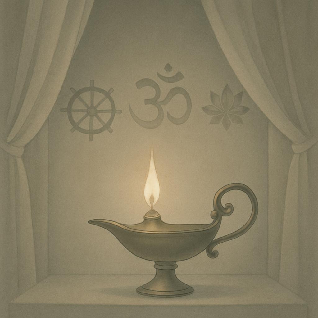 An image of a lamp with a handle, placed in a niche within a wall. The lamp is emitting a warm glow and the wall is adorne...