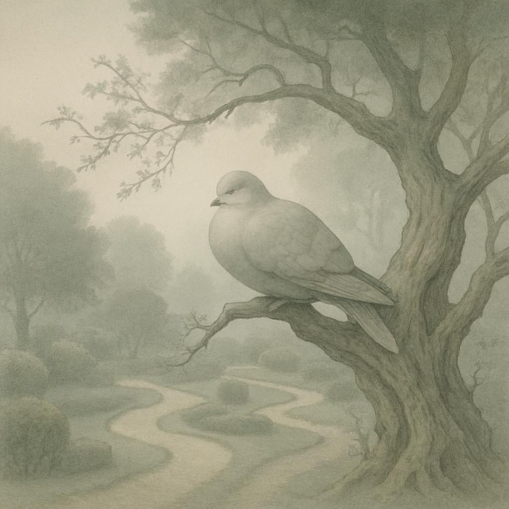 A serene scene features a dove nestled in a tree, set against a backdrop of winding paths and lush foliage. Dove perched i...