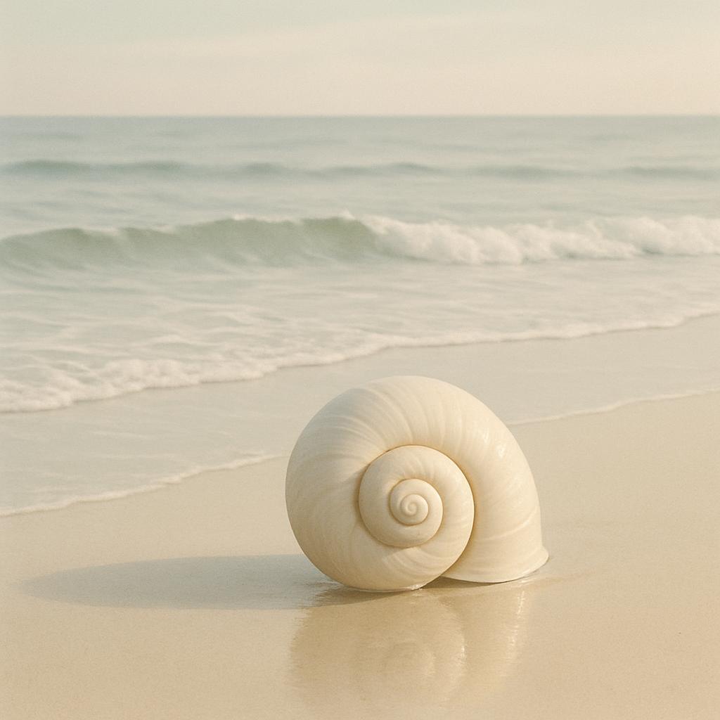 A large, white spiral shell sits upside-down on its wide end, partially in the sand at a serene oceanfront.